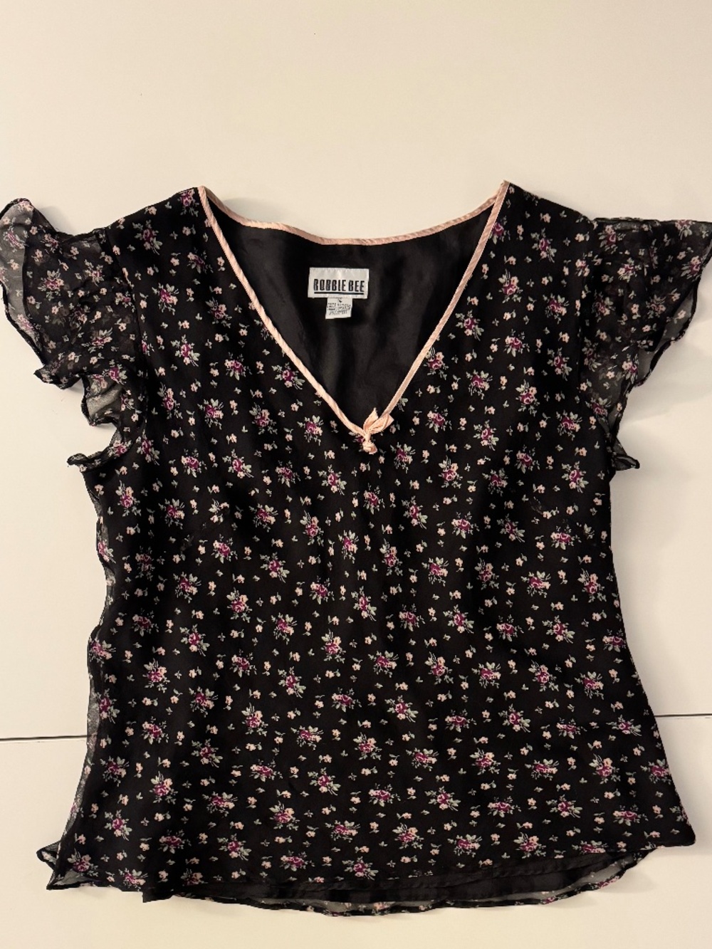 🌸 Vintage Y2K Black Floral 100% Silk Blouse | Flutter Sleeves | Cottagecore